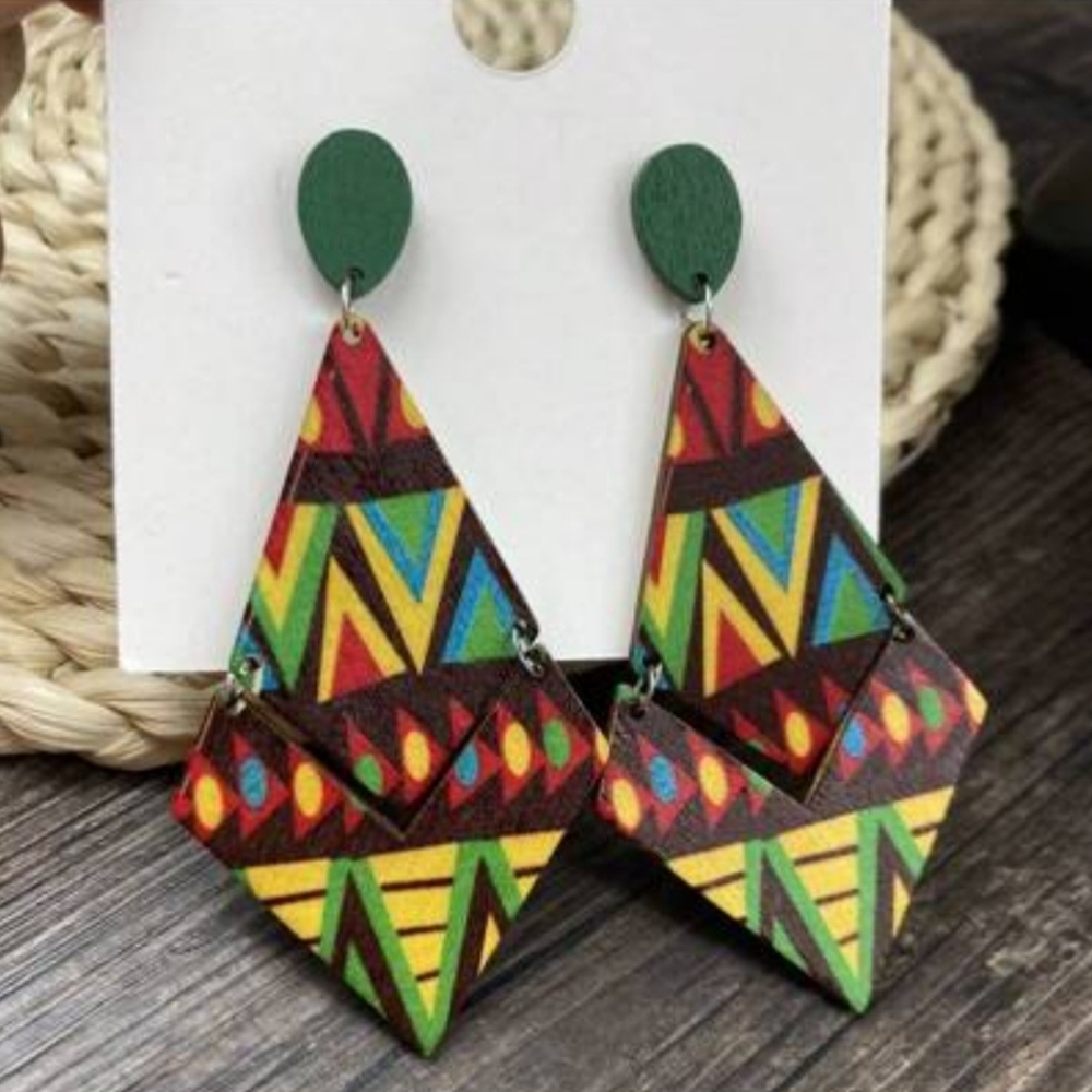 Boho Wood Rhombus Shaped Earrings NWT
